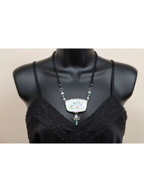 Broken China Daisies Pendant Jade Dragonfly Moonstone & Green Aventurine Leather